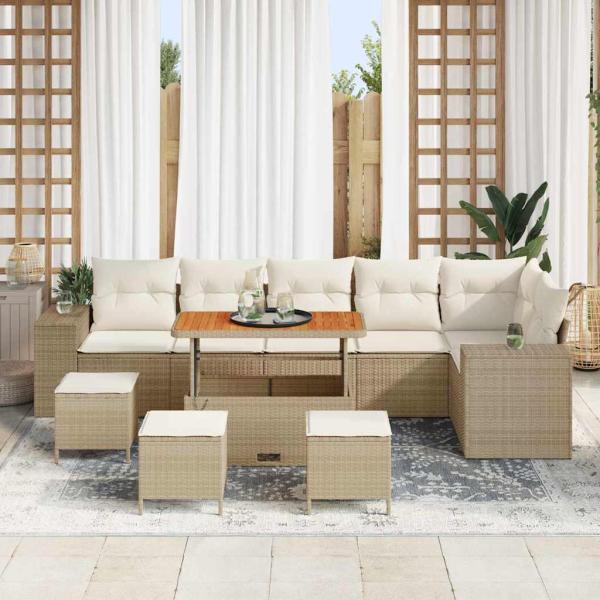 10-teiliges Garten Sofaset mit Kissen Beiger Poly Rattan Akazie, 4-teiliges Garten Essset mit Kissen Beiger Poly Rattan Akazie