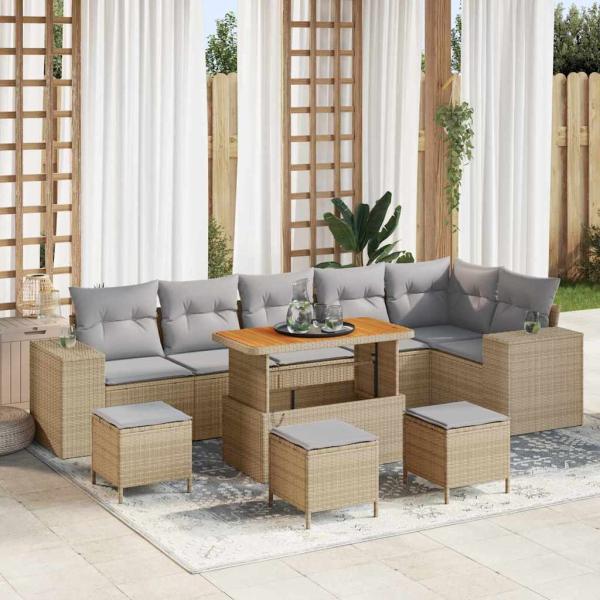 ARDEBO.de - 10-teiliges Garten Sofa Set mit Kissen Beige Poly Rattan Akazie, 4-teiliges Garten Ess-Set mit Kissen Beige Poly Rattan Akazie
