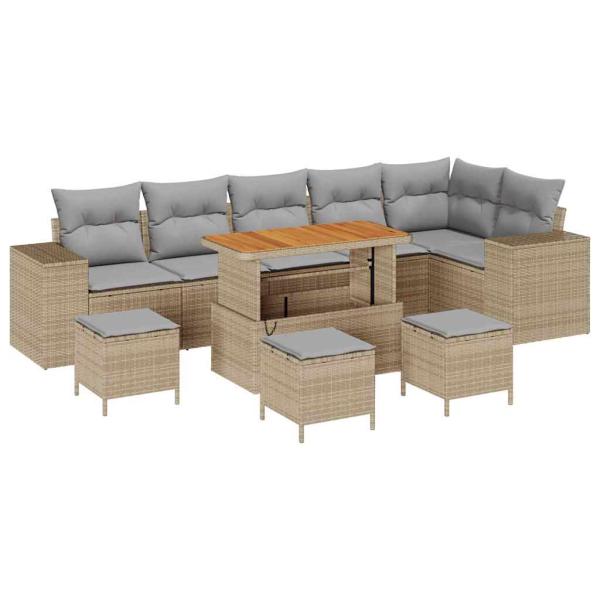 10-teiliges Garten Sofa Set mit Kissen Beige Poly Rattan Akazie, 4-teiliges Garten Ess-Set mit Kissen Beige Poly Rattan Akazie