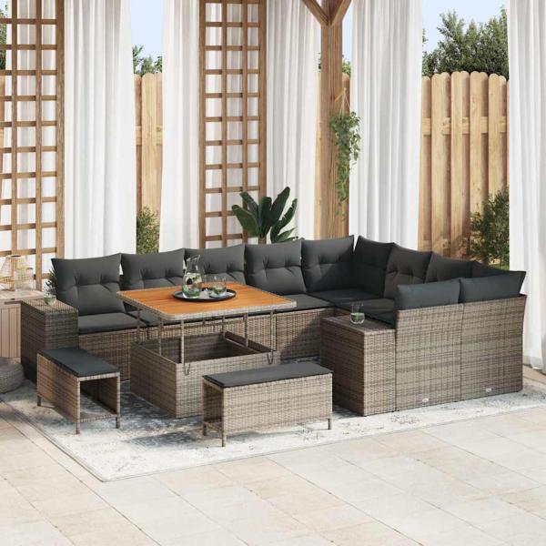 ARDEBO.de - 12-teiliges Garten-Sofa-Set mit Kissen Grau Poly-Rattan Akazie, 3-teiliges Garten-Dining-Set mit Kissen Grau Poly-Rattan Akazie