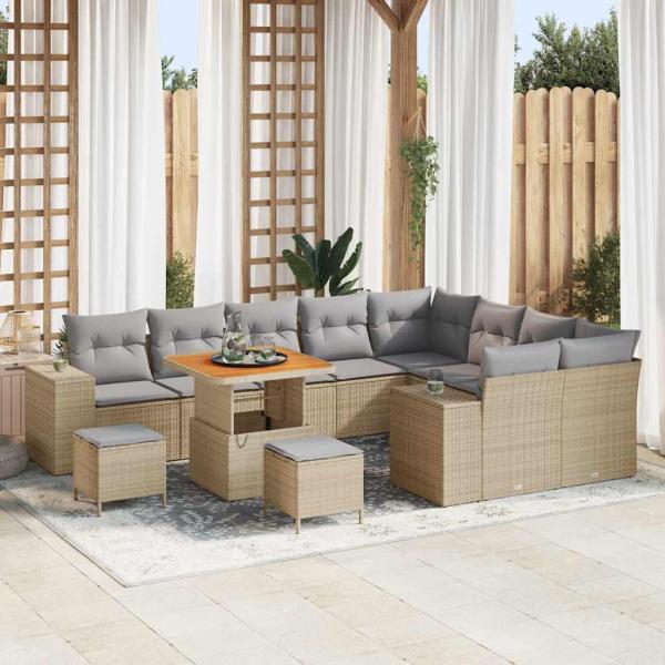 ARDEBO.de - 12-teiliges Garten-Sofa Set mit Kissen Beige Poly Rattan Akazie, 3-teiliges Garten-Dining Set mit Kissen Beige Poly Rattan Akazie