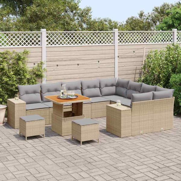 12-teiliges Garten-Sofa Set mit Kissen Beige Poly Rattan Akazie, 3-teiliges Garten-Dining Set mit Kissen Beige Poly Rattan Akazie