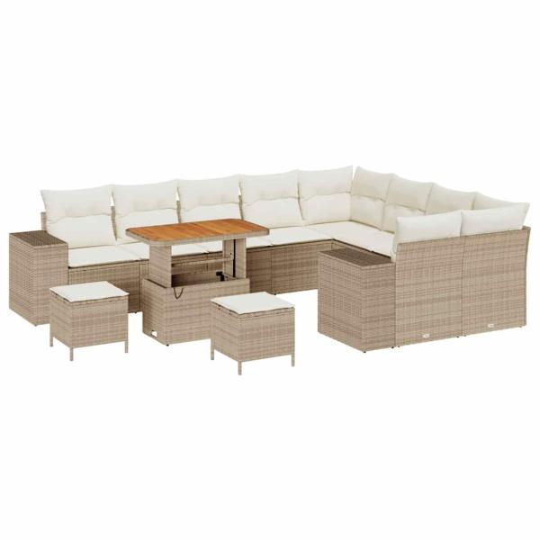 12-teiliges Garten Sofa Set mit Kissen Beige Poly Rattan Acacia, 3-teiliges Garten Essset mit Kissen Beige Poly Rattan Acacia