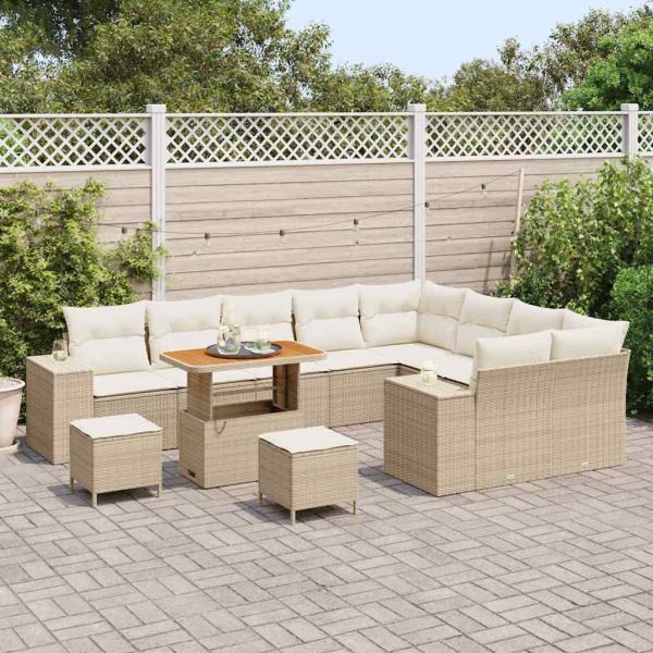 12-teiliges Garten Sofa Set mit Kissen Beige Poly Rattan Acacia, 3-teiliges Garten Essset mit Kissen Beige Poly Rattan Acacia