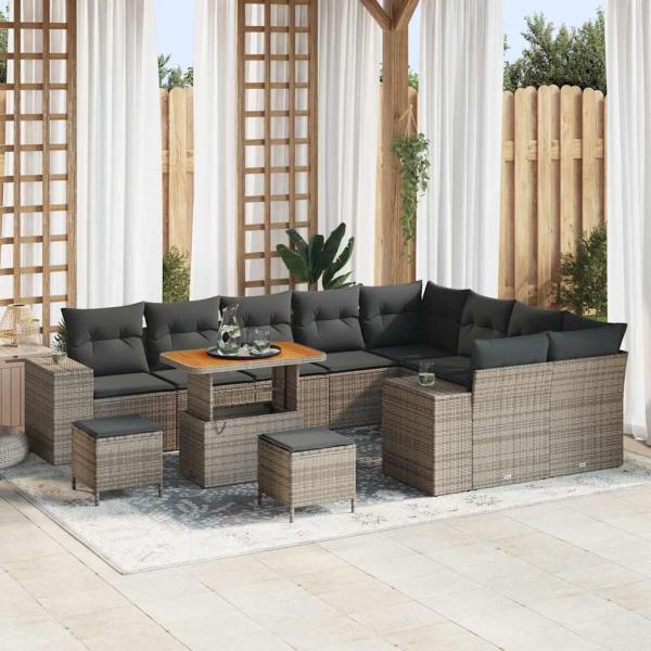 ARDEBO.de - 12-teiliges Garten-Sofa-Set mit Kissen in Grau, Poly-Rattan, Akazie, 3-teiliges Garten-Ess-Set mit Kissen in Grau, Poly-Rattan, Akazie