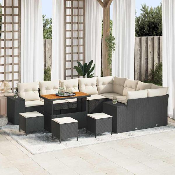 ARDEBO.de - 13-teilige Garten Sofaset mit Kissen Schwarz Poly Rattan Akazie, 4-teiliges Garten Esstischset mit Kissen Schwarz Poly Rattan Akazie