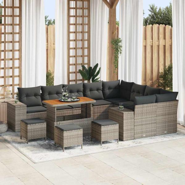 ARDEBO.de - 13-teiliges Garten Sofa Set mit Kissen Grau Poly Rattan Akazie, 4-teiliges Garten Ess Set mit Kissen Grau Poly Rattan Akazie