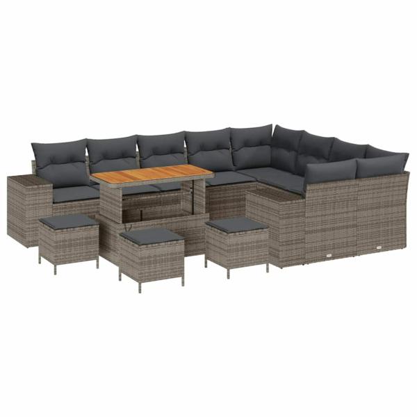13-teiliges Garten Sofa Set mit Kissen Grau Poly Rattan Akazie, 4-teiliges Garten Ess Set mit Kissen Grau Poly Rattan Akazie