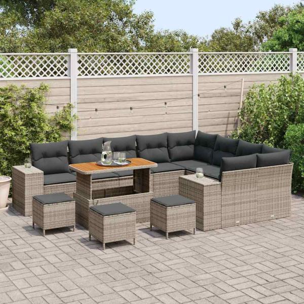 13-teiliges Garten Sofa Set mit Kissen Grau Poly Rattan Akazie, 4-teiliges Garten Ess Set mit Kissen Grau Poly Rattan Akazie
