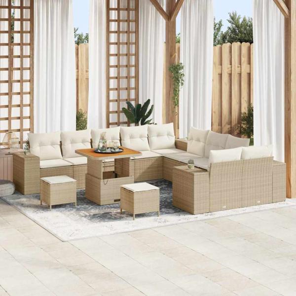 ARDEBO.de - 13-teiliges Garten Sofa Set mit Kissen Beige Poly Rattan Akazie, 3-teiliges Garten Esszimmer Set mit Kissen Beige Poly Rattan Akazie