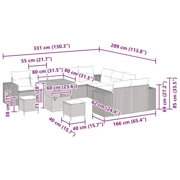 13-teiliges Garten Sofa Set mit Kissen Beige Poly Rattan Akazie, 3-teiliges Garten Esszimmer Set mit Kissen Beige Poly Rattan Akazie
