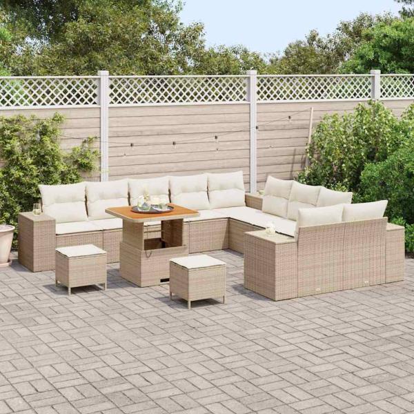 13-teiliges Garten Sofa Set mit Kissen Beige Poly Rattan Akazie, 3-teiliges Garten Esszimmer Set mit Kissen Beige Poly Rattan Akazie