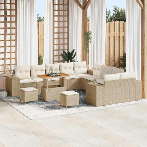 ARDEBO.de - 13-teiliges Garten-Sofa-Set mit Kissen Beige Poly Rattan Akazie, 3-teiliges Garten-Ess-Set mit Kissen Beige Poly Rattan Akazie