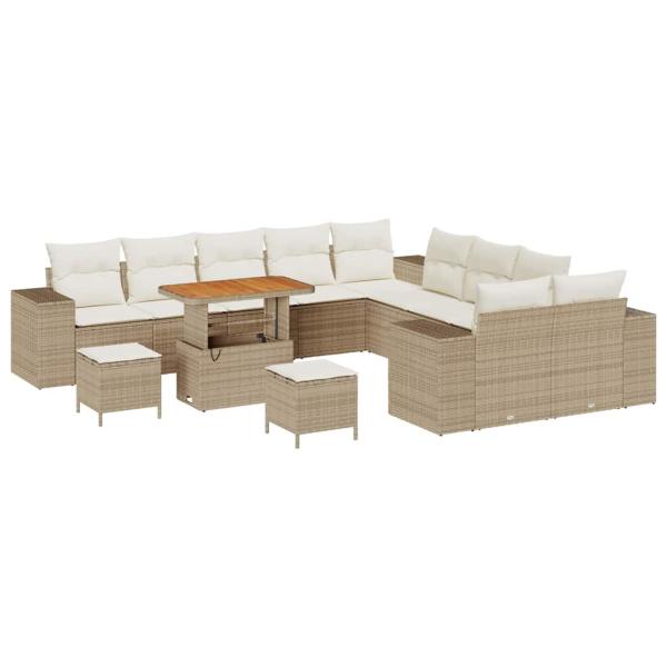13-teiliges Garten-Sofa-Set mit Kissen Beige Poly Rattan Akazie, 3-teiliges Garten-Ess-Set mit Kissen Beige Poly Rattan Akazie