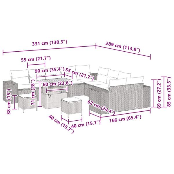 13-teiliges Garten-Sofa-Set mit Kissen Beige Poly Rattan Akazie, 3-teiliges Garten-Ess-Set mit Kissen Beige Poly Rattan Akazie