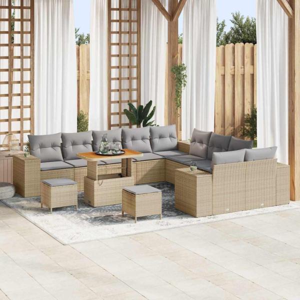 ARDEBO.de - 13-teiliges Garten-Sofa-Set mit Kissen Beige Poly-Rattan Akazie, 3-teiliges Garten-Essensemble mit Kissen Beige Poly-Rattan Akazie