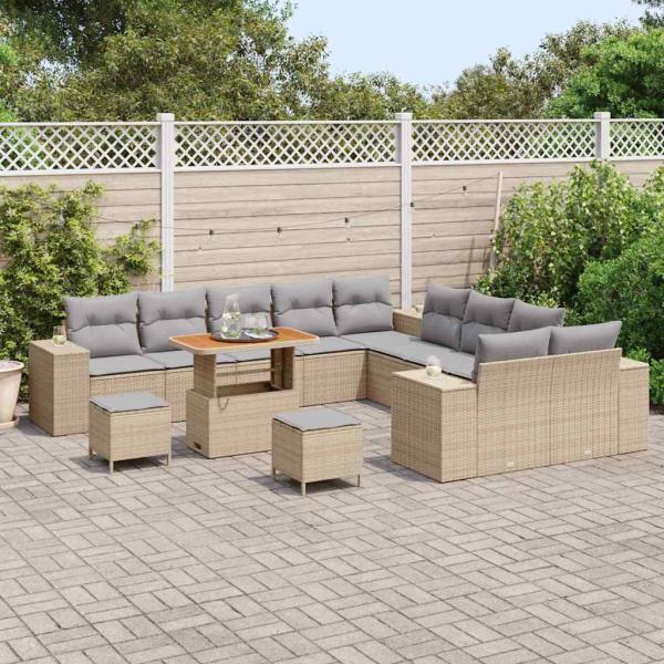 13-teiliges Garten-Sofa-Set mit Kissen Beige Poly-Rattan Akazie, 3-teiliges Garten-Essensemble mit Kissen Beige Poly-Rattan Akazie