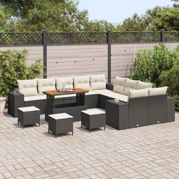 14-teiliges Garten Sofa Set mit Kissen Schwarz Poly Rattan Akazie, 4-teiliges Garten Esstisch Set mit Kissen Schwarz Poly Rattan Akazie