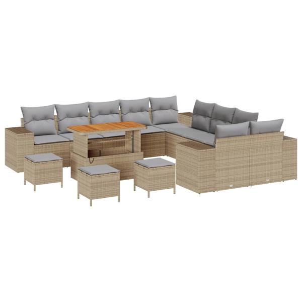 14-teilige Garten Sofa Set mit Kissen Beige Poly Rattan Akazie, 4-teiliges Garten Esszimmer Set mit Kissen Beige Poly Rattan Akazie