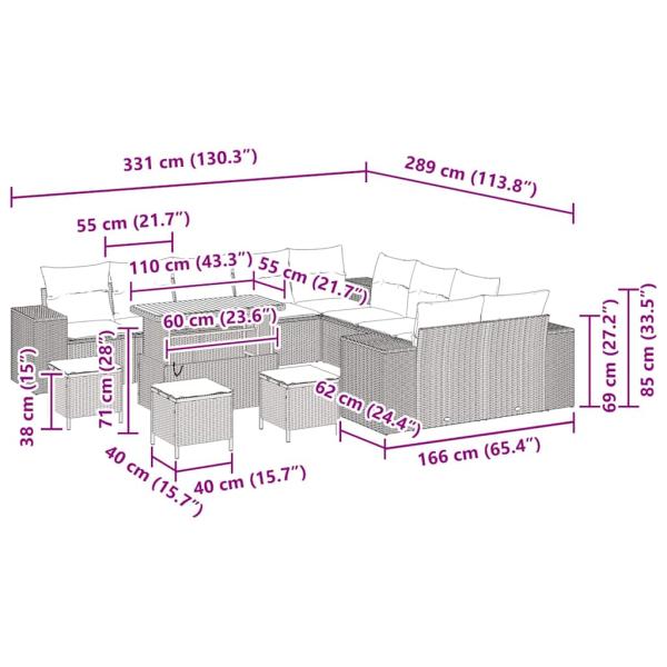 14-teilige Garten Sofa Set mit Kissen Beige Poly Rattan Akazie, 4-teiliges Garten Esszimmer Set mit Kissen Beige Poly Rattan Akazie