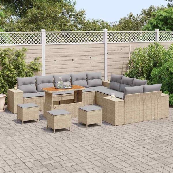 14-teilige Garten Sofa Set mit Kissen Beige Poly Rattan Akazie, 4-teiliges Garten Esszimmer Set mit Kissen Beige Poly Rattan Akazie