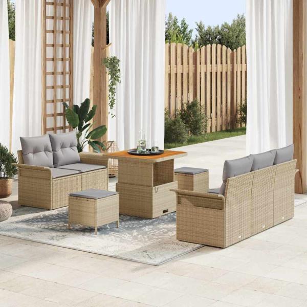 ARDEBO.de - 8-teiliges Garten Sofa Set mit Kissen Beige Poly-Rattan Akazie, 2-Sitzer Garten Sofa mit Kissen Beige Poly-Rattan, 3-teiliges Garten-Ess-Set mit Kissen Beige Poly-Rattan Akazie