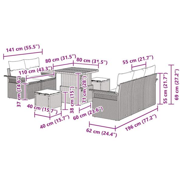 8-teiliges Garten Sofa Set mit Kissen Grau Poly Rattan Akazie, 2-Sitzer Garten Sofa mit Kissen Grau Poly Rattan, 3-teiliges Garten Ess-Set mit Kissen Grau Poly Rattan Akazie