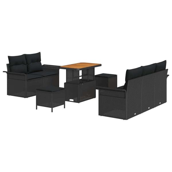 8-teiliges Garten Sofa Set mit Kissen Schwarz Poly Rattan Akazie, 2-Sitzer Garten Sofa mit Kissen Schwarz Poly Rattan, 3-teiliges Garten Essset mit Kissen Schwarz Poly Rattan Akazie