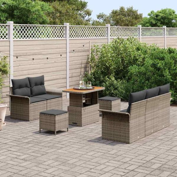 8-teiliges Garten Sofa Set mit Kissen Grau Poly Rattan Akazie, 2-Sitzer Garten Sofa mit Kissen Grau Poly Rattan, 3-teiliges Garten Essset mit Kissen Grau Poly Rattan Akazie
