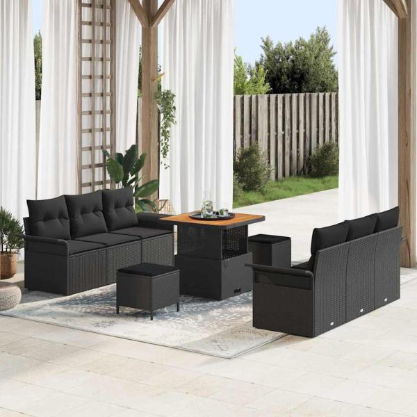 ARDEBO.de - 9-teiliges Gartensofa Set mit Kissen in Schwarz - Poly Rattan, 2-Sitzer Gartensofa mit Kissen in Schwarz - Poly Rattan, 3-teiliges Garten-Esszimmer Set mit Kissen in Schwarz - Poly Rattan