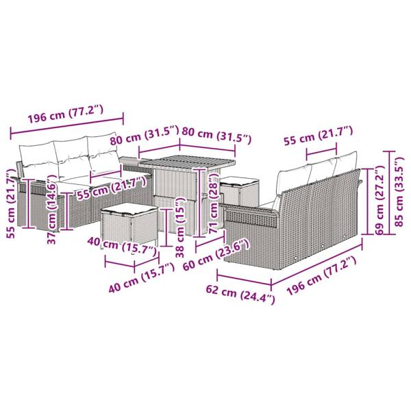 9-teiliges Garten Sofa Set mit Kissen Beige Poly-Rattan Akazie, 2-sitzer Garten Sofa mit Kissen Beige Poly-Rattan, 3-teiliges Garten Essset mit Kissen Beige Poly-Rattan Akazie
