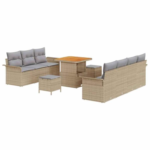 10-teiliges Garten Sofa Set mit Kissen Beige Poly Rattan Akazie, 2-Sitzer Garten Sofa mit Kissen Beige Poly Rattan, 3-teiliges Garten Essset mit Kissen Beige Poly Rattan Akazie