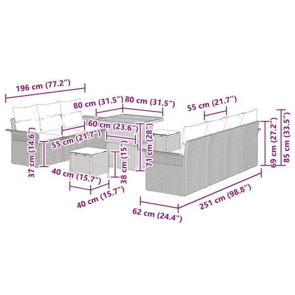10-teiliges Garten Sofa Set mit Kissen Grau Poly Rattan Akazie, 2-Sitzer Garten Sofa mit Kissen Grau Poly Rattan, 3-teiliges Garten Essset mit Kissen Grau Poly Rattan Akazie