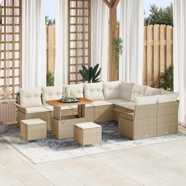 ARDEBO.de - 12-teiliges Garten-Sofa-Set mit Kissen, Beiges Poly Rattan, 3-teiliges Garten-Esszimmer-Set mit Kissen, Beiges Poly Rattan, 2-Sitzer Garten-Sofa mit Kissen, Beiges Poly Rattan