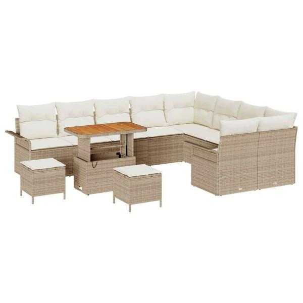 12-teiliges Garten-Sofa-Set mit Kissen, Beiges Poly Rattan, 3-teiliges Garten-Esszimmer-Set mit Kissen, Beiges Poly Rattan, 2-Sitzer Garten-Sofa mit Kissen, Beiges Poly Rattan