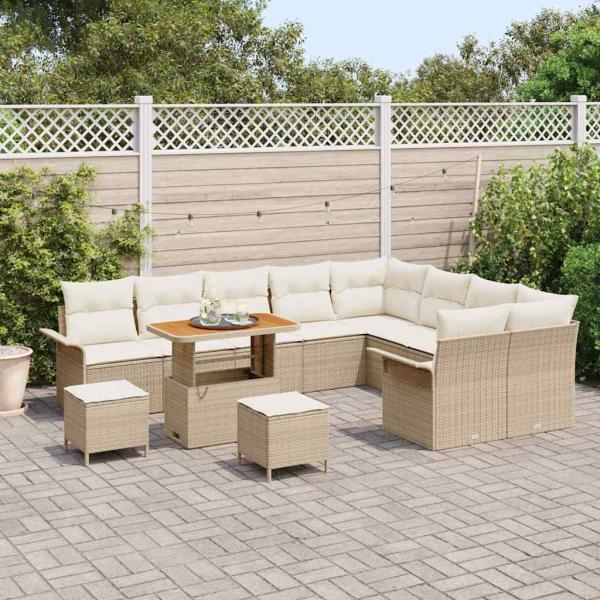 12-teiliges Garten-Sofa-Set mit Kissen, Beiges Poly Rattan, 3-teiliges Garten-Esszimmer-Set mit Kissen, Beiges Poly Rattan, 2-Sitzer Garten-Sofa mit Kissen, Beiges Poly Rattan