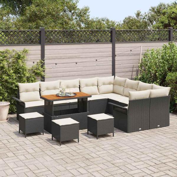 13-teiliges Garten Sofa Set mit Kissen Schwarz Poly Rattan Akazie, 4-teiliges Garten Ess Set mit Kissen Schwarz Poly Rattan Akazie, 2-Sitzer Garten Sofa mit Kissen Schwarz Poly Rattan