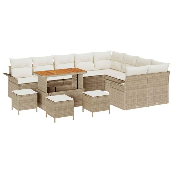 13-teiliges Garten Sofa Set mit Kissen beige Poly Rattan Akazie, 4-teiliges Garten Essset mit Kissen beige Poly Rattan Akazie, 2-Sitzer Garten Sofa mit Kissen beige Poly Rattan