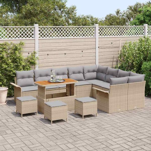 13 Teile Garten-Sofa-Set mit Kissen Beige Poly-Rattan Akazie, 4 Teile Garten-Ess-Set mit Kissen Beige Poly-Rattan Akazie, 2-Sitzer Garten-Sofa mit Kissen Beige Poly-Rattan