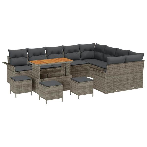 13-teiliges Garten-Sofa-Set mit Kissen Grau Poly-Rattan Akazie, 4-teiliges Garten-Essset mit Kissen Grau Poly-Rattan Akazie, 2-Sitzer-Garten-Sofa mit Kissen Grau Poly-Rattan
