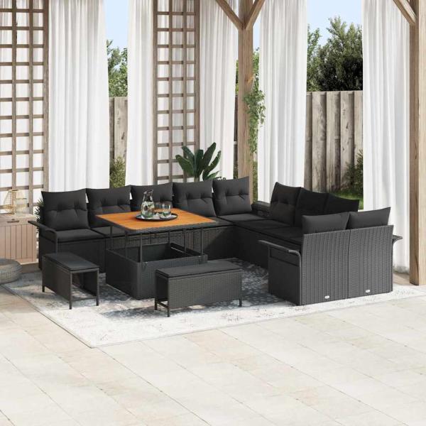 ARDEBO.de - 13-teiliges Garten-Sofa-Set mit Kissen Schwarz Poly-Rattan Akazie, 2-Sitzer Garten-Sofa mit Kissen Schwarz Poly-Rattan, 3-teiliges Garten-Esszimmer-Set mit Kissen Schwarz Poly-Rattan Akazie