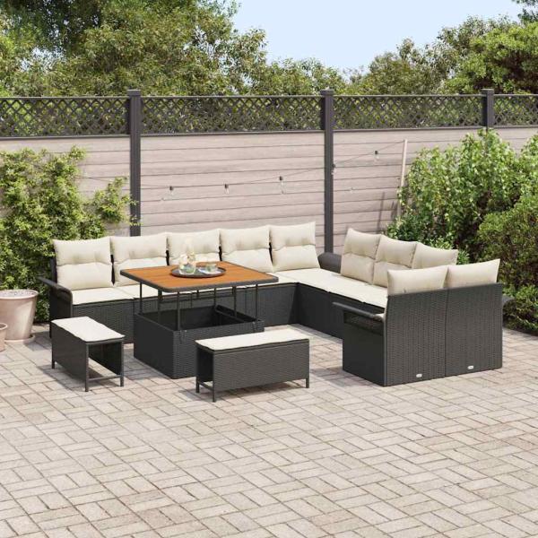 13-teiliges Garten Sofa Set mit Kissen Schwarz Poly Rattan Akazie, 2-Sitzer Garten Sofa mit Kissen Schwarz Poly Rattan, 3-teiliges Garten Essset mit Kissen Schwarz Poly Rattan Akazie