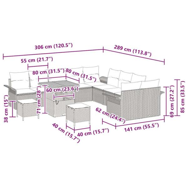 13-teiliges Garten Sofa Set mit Kissen Beige Poly Rattan Akazie, 2-Sitzer Garten Sofa mit Kissen Beige Poly Rattan, 3-teiliges Garten Esstischset mit Kissen Beige Poly Rattan Akazie