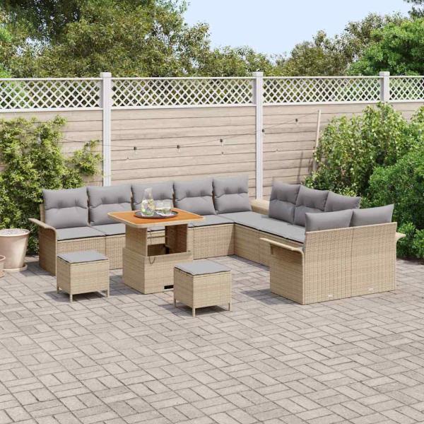 13-teiliges Garten Sofa Set mit Kissen Beige Poly Rattan Akazie, 2-Sitzer Garten Sofa mit Kissen Beige Poly Rattan, 3-teiliges Garten Esstischset mit Kissen Beige Poly Rattan Akazie