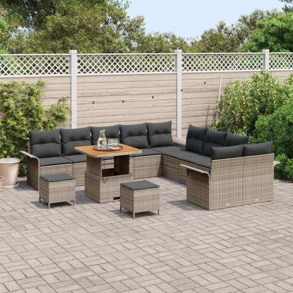 13-teiliges Garten Sofa Set mit Kissen Grau Poly Rattan Akazie, 2-Sitzer Garten Sofa mit Kissen Grau Poly Rattan, 3-teiliges Garten Esstisch Set mit Kissen Grau Poly Rattan Akazie