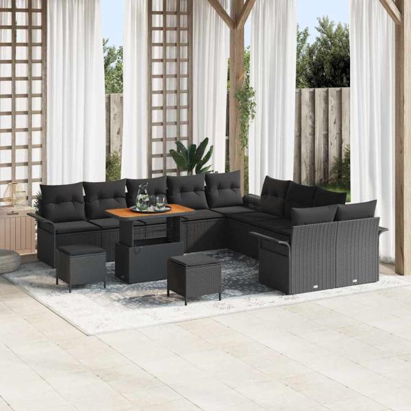 ARDEBO.de - 13-teiliges Garten Sofa Set mit Kissen Schwarz Poly Rattan Akazie, 2-Sitzer Garten Sofa mit Kissen Schwarz Poly Rattan, 3-teiliges Garten Esstisch Set mit Kissen Schwarz Poly Rattan Akazie