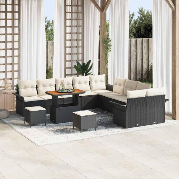 ARDEBO.de - 13-teiliges Garten Sofa Set mit Kissen Schwarz Polyrattan Akazie, 2-Sitzer Garten Sofa mit Kissen Schwarz Polyrattan, 3-teiliges Garten Essset mit Kissen Schwarz Polyrattan Akazie
