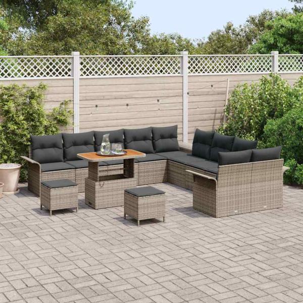 13-teiliges Garten-Sofa-Set mit Kissen Grau Poly-Rattan Akazie, 2-Sitzer Garten-Sofa mit Kissen Grau Poly-Rattan, 3-teiliges Garten-Dining-Set mit Kissen Grau Poly-Rattan Akazie