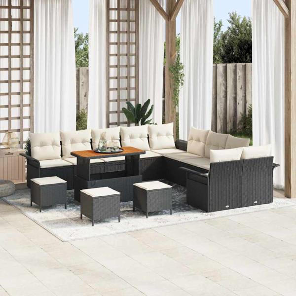 ARDEBO.de - 14-teiliges Garten Sofa Set mit Kissen Schwarz Poly Rattan Akazie, 2-Sitzer Garten Sofa mit Kissen Schwarz Poly Rattan, 4-teiliges Garten Essset mit Kissen Schwarz Poly Rattan Akazie