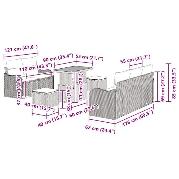 8-teiliges Garten Sofa Set mit Kissen Schwarz Poly-Rattan Akazie, 2-Sitzer Garten Sofa mit Kissen Schwarz Poly-Rattan, 3-teiliges Garten Esstisch Set mit Kissen Schwarz Poly-Rattan Akazie